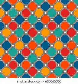 Repeated octagons stained glass mosaic abstract background. Vivid colors ceramic tiles wallpaper. Seamless surface pattern with geometric ornament. Digital paper, textile print, page fill. Vector art
