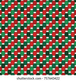 Repeated octagons stained glass mosaic abstract background. Seamless pattern in Christmas traditional colors with vertical braid motif. Geometric tile surface ornament. Vector art