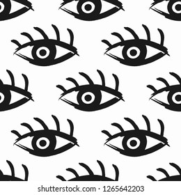 Repeated open eyes with eyelashes drawn by hand with a rough brush. Simple seamless pattern. Sketch, grunge, watercolor, graffiti, paint. Vector illustration.