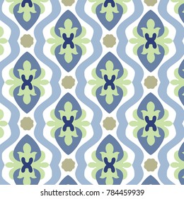 repeated ornamental pattern with stylized flowers and dots