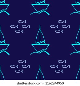 Repeated outline of sailboats and fish drawn by hand. Simple marine seamless pattern. Sketch, doodle, scribble. Trend vector illustration.