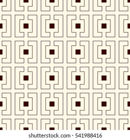Repeated outline squares and brackets on white background. Modern ornament motif. Symmetric geometric surface pattern design wallpaper. Digital paper, textile print, page fill. Vector art