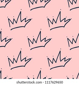 Repeated outlines of crowns drawn by hand. Cute seamless pattern for girls. Sketch, doodle, scribble. Endless girlish print. Girly vector illustration.