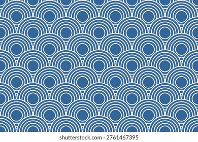 Repeated overlapped blue round shapes. Sea or ocean scalloped waves pattern. Water or cloud print in oriental style. Abstract minimalist Asian ornament. Summer theme wallpaper. Vector illustration.