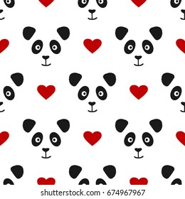 Repeated panda face and heart. Seamless pattern for children. Cute smiling animal. Vector illustration.