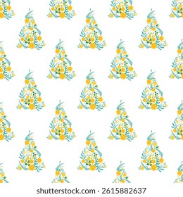 A repeated pattern of artistic trees formed by yellow flowers, green leaves, and white spaces. Suitable for modern seasonal fabrics, gift wrapping, holiday designs, and decorative projects.