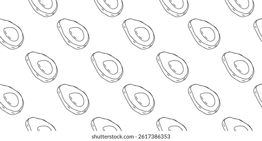 Repeated pattern of avocados illustrated in black and white on a clean background capturing minimalistic design trends