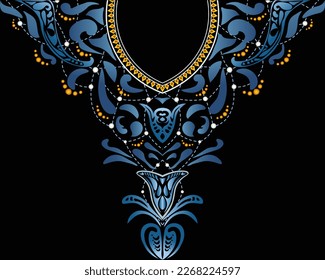 The repeated pattern design for the V  neck is in floral   stencil
 style The blue   gold pattern black background  Embroidery designs for the neck the kaftan dress  Dubai fashion clothing 