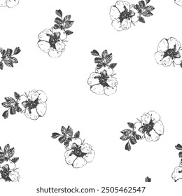 Repeated pattern with hand drawn rosehip flowers