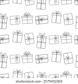 Repeated pattern of hand-drawn gift boxes on white background for festive designs