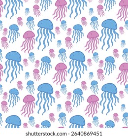 A repeated pattern or seamless pattern of jellyfish illustrations in pastel colors on a white background perfect for children's decorations, book covers, wallpapers and other printing needs. Vector