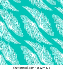 Repeated pattern. Seamless texture with beautiful white wings on blue background. It can be used as wallpaper, printing, wrapping, fabric or background for your blog and your design. 