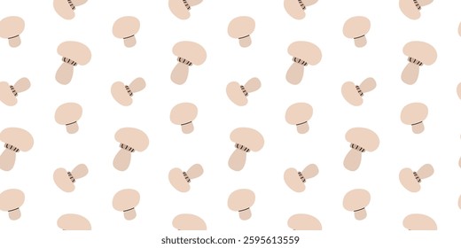 Repeated pattern of simple mushroom illustrations on a white background designed for textile or wallpaper use