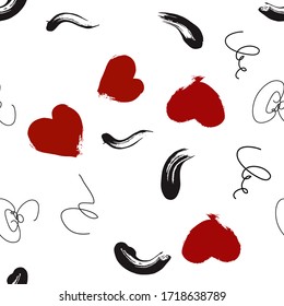 Repeated Pen Scribble Pattern. Endless Brush Stroke Print. Art Brush & Hearts. Ornamental Paint Brush Pattern. Seamless Brush Stroke Backdrop.