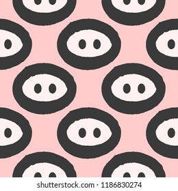 Repeated pig nose drawn by hand. Funny seamless pattern. Sketch, paint, watercolor. Vector illustration.