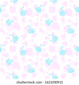 Repeated pink spot dots and flowers. Cute romantic seamless pattern for girl, women, grandmother. Vector illustration for wear fashion, apparel, tee, t-shirt, greeting card, home decor, wrapping