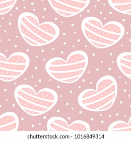 Repeated polka dots and cute hearts. Romantic seamless pattern. Endless vector illustration.