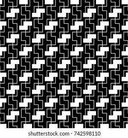 Repeated puzzle figures background. Seamless surface pattern design with mosaic ornament. Ethnic embroidery motif. Grid wallpaper. Digital paper for page fills, web designing, textile print. Vector.