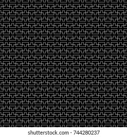 Repeated puzzle figures background. Seamless surface pattern design with mosaic ornament. Ethnic embroidery motif. Grid wallpaper. Digital paper for page fills, web designing, textile print. Vector.