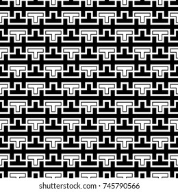 Repeated puzzle figures, lines background. Seamless surface pattern design with mosaic ornament. Ethnic embroidery motif. Grid wallpaper. Digital paper, page fill, web designing, textile print. Vector