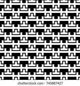 Repeated puzzle figures, lines background. Seamless surface pattern design with mosaic ornament. Ethnic embroidery motif. Grid wallpaper. Digital paper, page fill, web designing, textile print. Vector