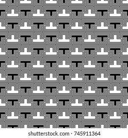 Repeated puzzle figures, lines background. Seamless surface pattern design with mosaic ornament. Ethnic embroidery motif. Grid wallpaper. Digital paper, page fill, web designing, textile print. Vector