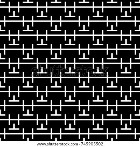 Repeated puzzle figures, lines background. Seamless surface pattern design with mosaic ornament. Ethnic embroidery motif. Grid wallpaper. Digital paper, page fill, web designing, textile print. Vector