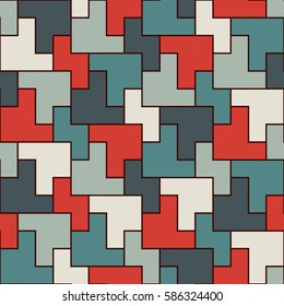 Repeated puzzle mosaic abstract background. Seamless pattern with simple geometric ornament. Modern style surface texture. Digital paper, textile print, page fill. Vector art