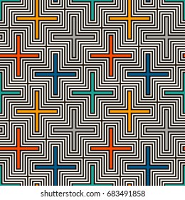 Repeated puzzle mosaic abstract background. Seamless pattern with simple geometric ornament. Modern style surface texture. Digital paper, textile print, page fill. Vector art