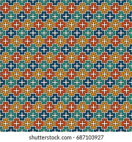 Repeated puzzle mosaic abstract background. Seamless pattern with simple geometric ornament. Bright kids surface texture. Plus figure motif. Digital paper, textile print, page fill. Vector art