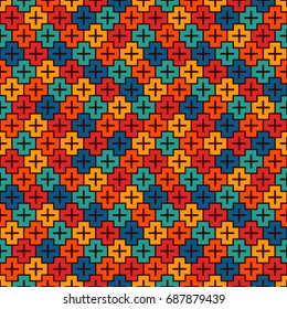 Repeated puzzle mosaic abstract background. Seamless pattern with simple geometric ornament. Bright kids surface texture. Plus figure motif. Digital paper, textile print, page fill. Vector art