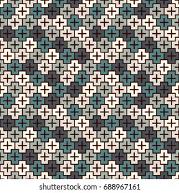 Repeated puzzle mosaic abstract background. Seamless pattern with simple geometric ornament. Pastel blue surface texture. Plus figure motif. Digital paper, textile print, page fill. Vector art