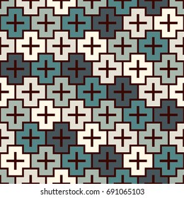 Repeated puzzle mosaic abstract background. Seamless pattern with simple geometric ornament. Pastel blue surface texture. Plus figure motif. Digital paper, textile print, page fill. Vector art