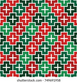 Repeated puzzle mosaic abstract background. Seamless pattern in Christmas traditional colors with simple geometric ornament. Bright surface texture. Plus figure motif. Digital paper, textile print.