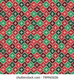Repeated puzzle mosaic abstract background. Seamless pattern in Christmas traditional colors with simple geometric ornament. Bright surface texture. Plus figure motif. Digital paper, textile print.