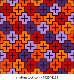 Repeated puzzle mosaic background. Seamless pattern in Halloween traditional colors with simple geometric ornament. Bright kids surface texture. Plus motif. Vector art