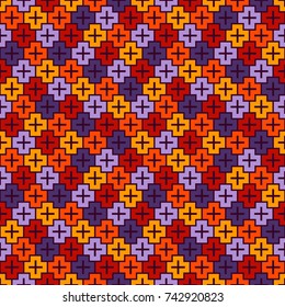 Repeated puzzle mosaic background. Seamless pattern in Halloween traditional colors with simple geometric ornament. Bright kids surface texture. Plus motif. Vector art