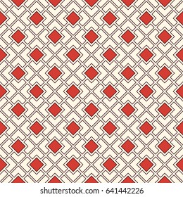 Repeated red diamonds background. Geometric motif. Seamless surface pattern design with pastel colors square ornament. Grid digital paper, textile print, web designing. Vector art.