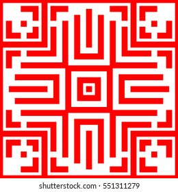 Repeated red figures on white background. Ornamental wallpaper. Seamless surface pattern design with symmetrical lines, crosses and brackets ornament. Ethnic motif. Digital paper for print. Vector