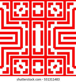 Repeated red figures on white background. Ornamental wallpaper. Seamless surface pattern design with symmetrical lines, polygons and brackets ornament. Ethnic motif. Digital paper for print. Vector