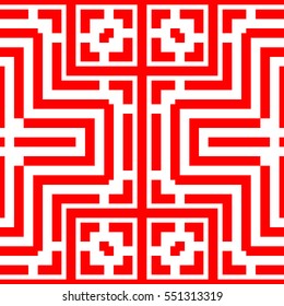 Repeated red figures on white background. Ornamental wallpaper. Seamless surface pattern design with symmetrical lines, polygons and brackets ornament. Ethnic motif. Digital paper for print. Vector