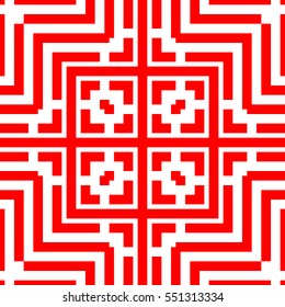 Repeated red figures on white background. Ornamental wallpaper. Seamless surface pattern design with symmetrical lines, polygons and brackets ornament. Ethnic motif. Digital paper for print. Vector