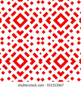 Repeated red figures on white background. Ethnic wallpaper. Seamless surface pattern design with symmetric polygons ornament. Geometric motif. Digital paper for textile print, web designing. Vector