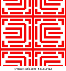 Repeated red figures on white background. Ornamental wallpaper. Seamless surface pattern design with symmetrical lines, polygons and brackets ornament. Ethnic motif. Digital paper for print. Vector