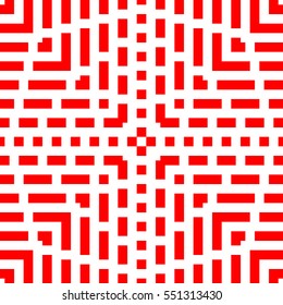 Repeated red figures on white background. Ethnic wallpaper. Seamless surface pattern design with symmetrical polygons ornament. Geometric motif. Digital paper for textile print, web design. Vector