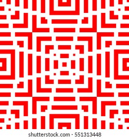 Repeated red figures on white background. Ethnic wallpaper. Seamless surface pattern design with symmetric polygons ornament. Geometric motif. Digital paper for textile print, web designing. Vector