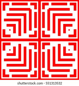 Repeated red figures on white background. Ornamental wallpaper. Seamless surface pattern design with symmetrical lines, polygons and brackets ornament. Ethnic motif. Digital paper for print. Vector