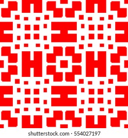 Repeated red figures on white background. Ethnic wallpaper. Seamless surface pattern design with symmetrical polygons ornament. Geometric motif. Digital paper for textile print, web design. Vector
