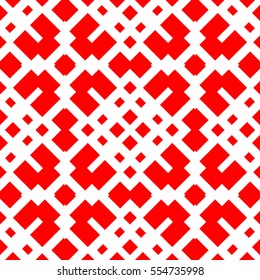 Repeated red figures on white background. Ethnic wallpaper. Seamless surface pattern design with symmetrical polygons ornament. Geometric motif. Digital paper for textile print, web design. Vector