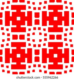 Repeated red figures on white background. Ethnic wallpaper. Seamless surface pattern design with symmetrical polygons ornament. Geometric motif. Digital paper for textile print, web design. Vector